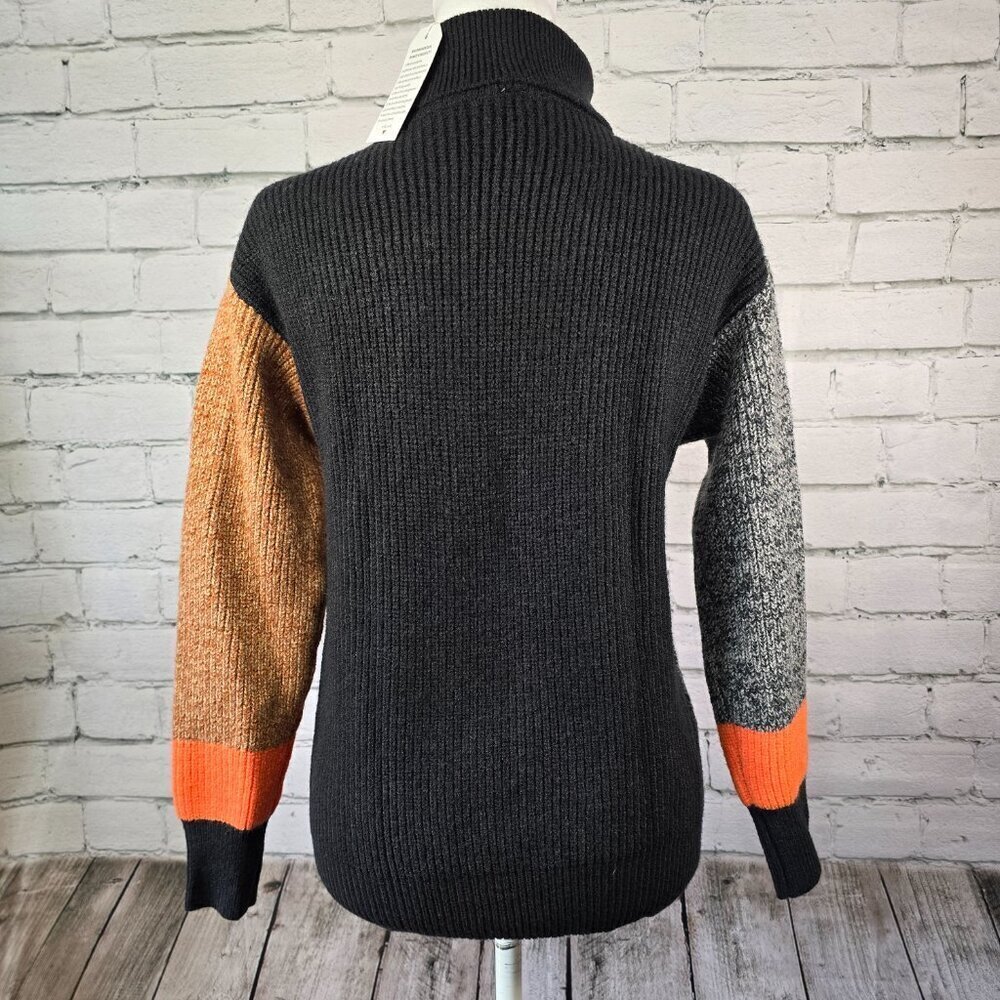 WOMENS COLORBLOCK GEOMETRIC KNIT TURTLENECK SWEATER, BLACK BROWN ORANGE SIZE S - Picture 3 of 7
